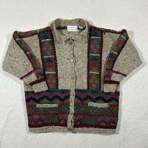Vintage Secrets Sun Prints 100% Wool Cardigan Sweater Hand Knit Isle Geometric